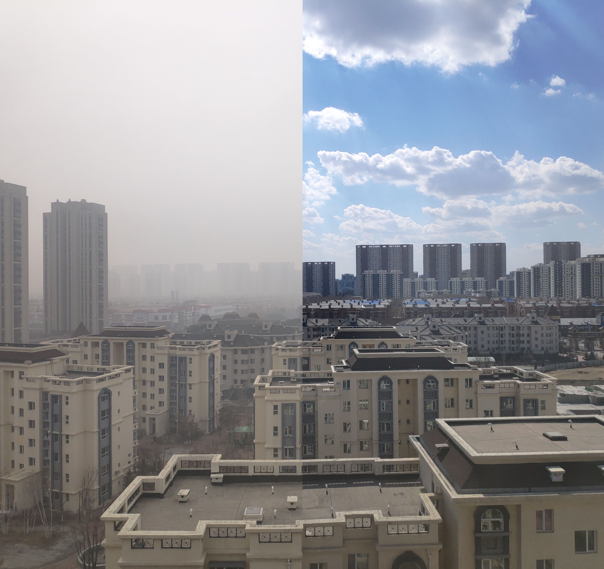 中国辽宁省凡河镇雾霾天与晴天的对比，两帧影像的拍摄时间相隔十天