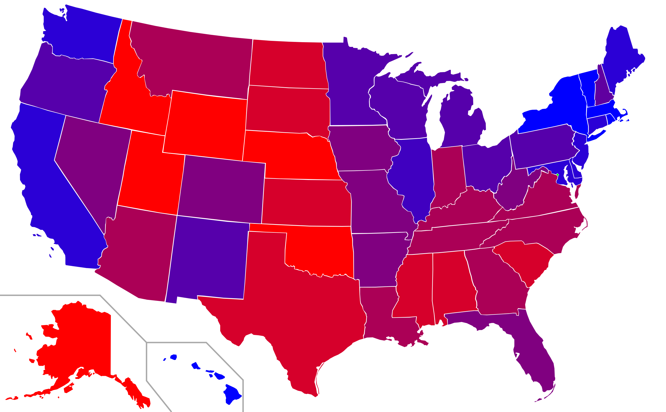 1992至2008年间五次美国总统选举两党在各州的平均净胜百分比